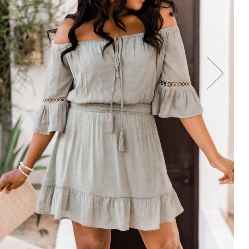 Pink lily sage green off the shoulder dress